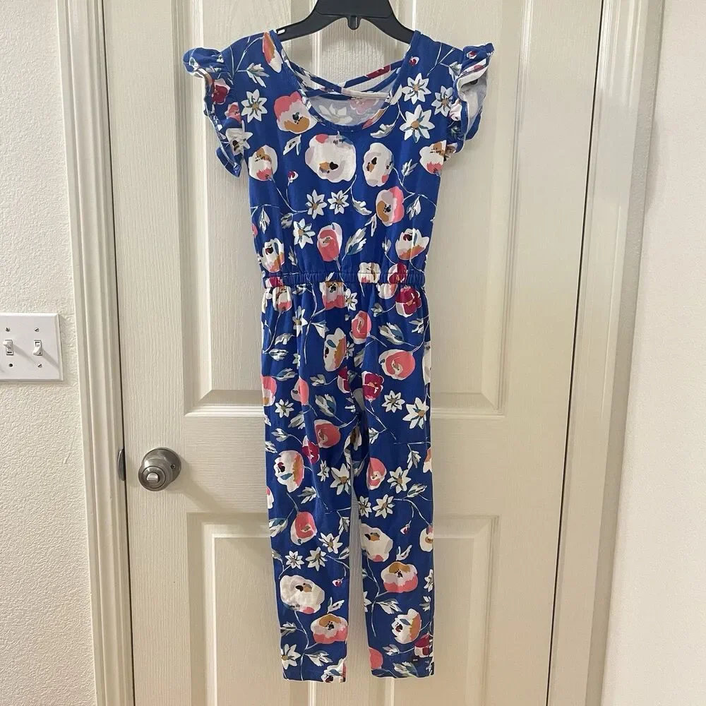 Tea Collection What's the Scoop Blue Floral Jumpsuit Girl's Size 7